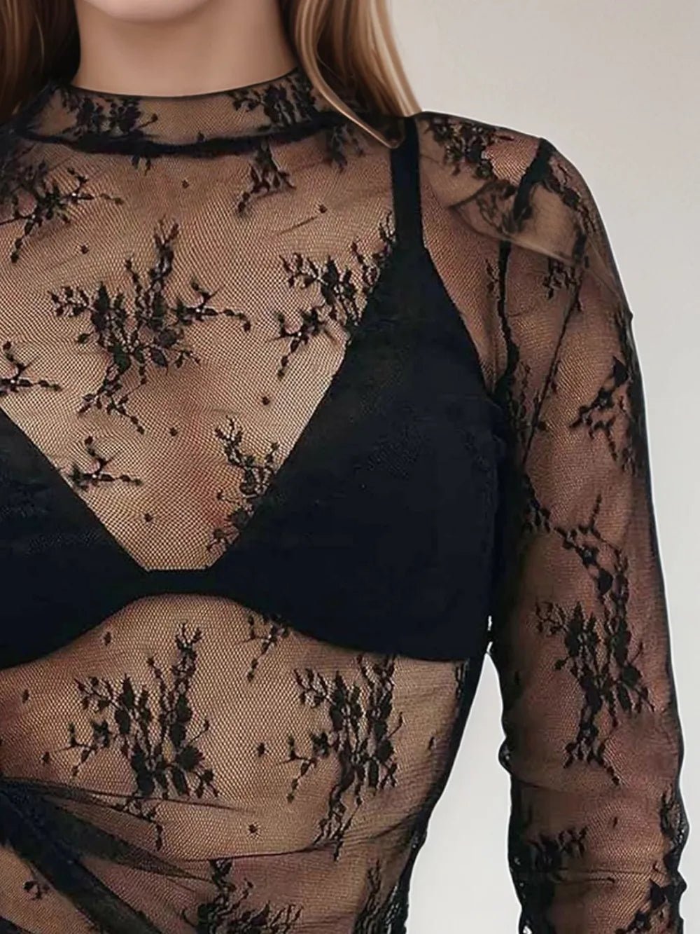 Floral Mock Neck Long Sleeve Mesh Top - FLORENTINE IRIS