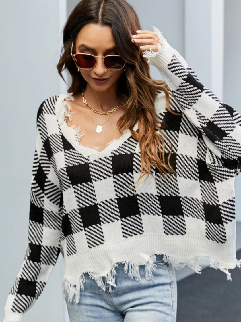 Frayed Hem Long Sleeve Sweater - FLORENTINE IRIS