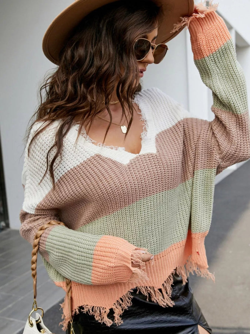 Frayed Hem Long Sleeve Sweater - FLORENTINE IRIS