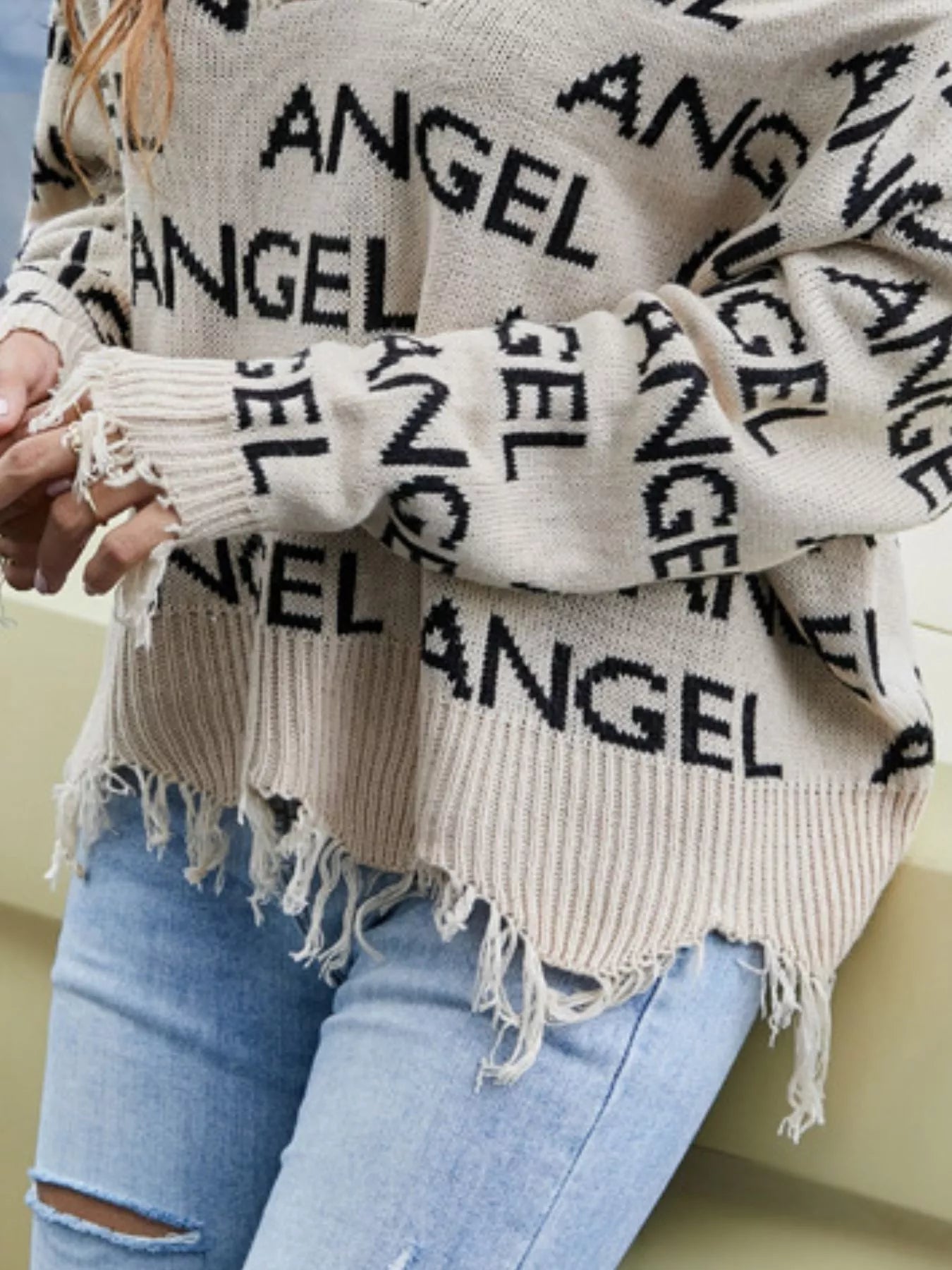 Frayed Hem Long Sleeve Sweater - FLORENTINE IRIS