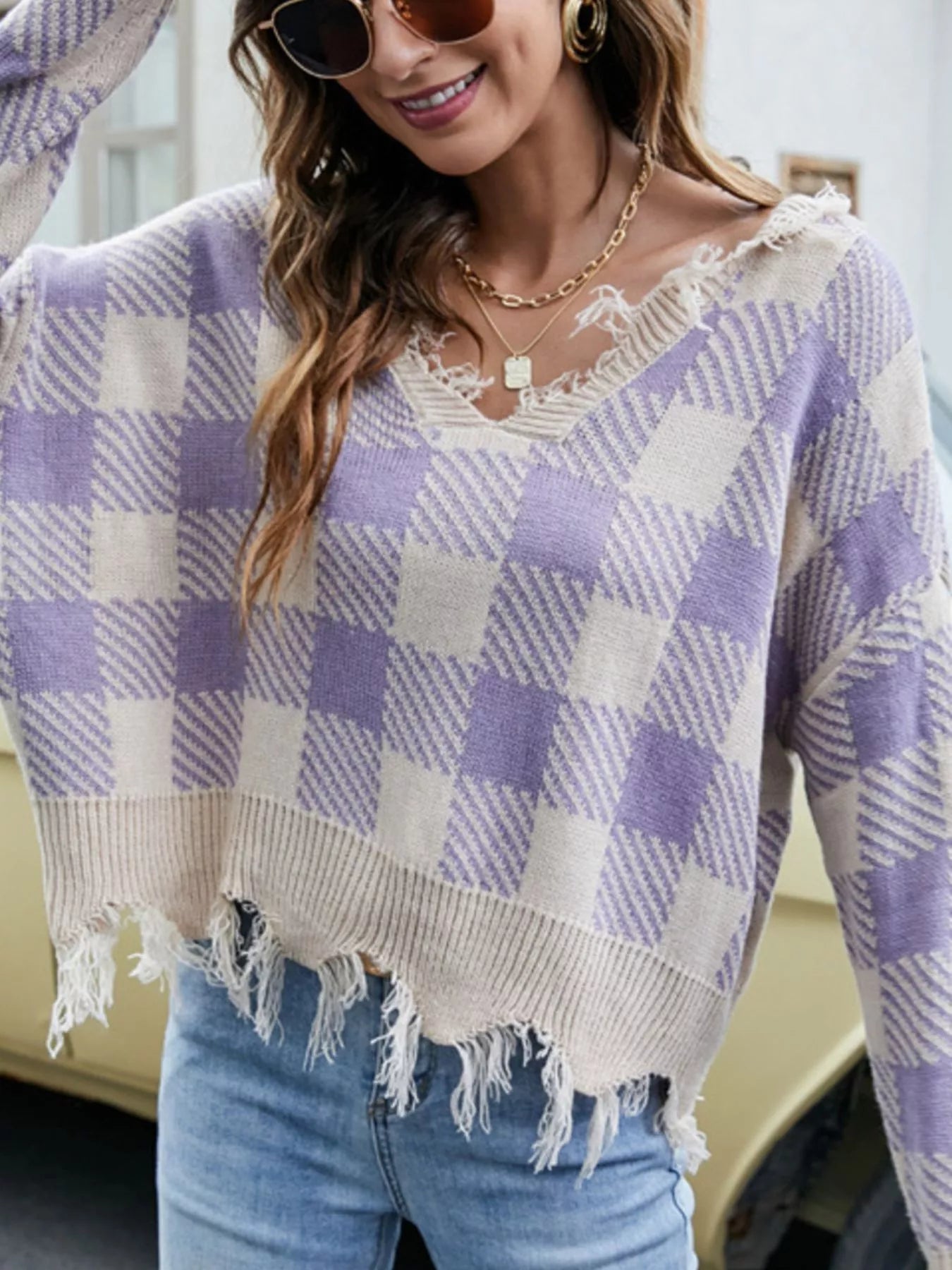 Frayed Hem Long Sleeve Sweater - FLORENTINE IRIS