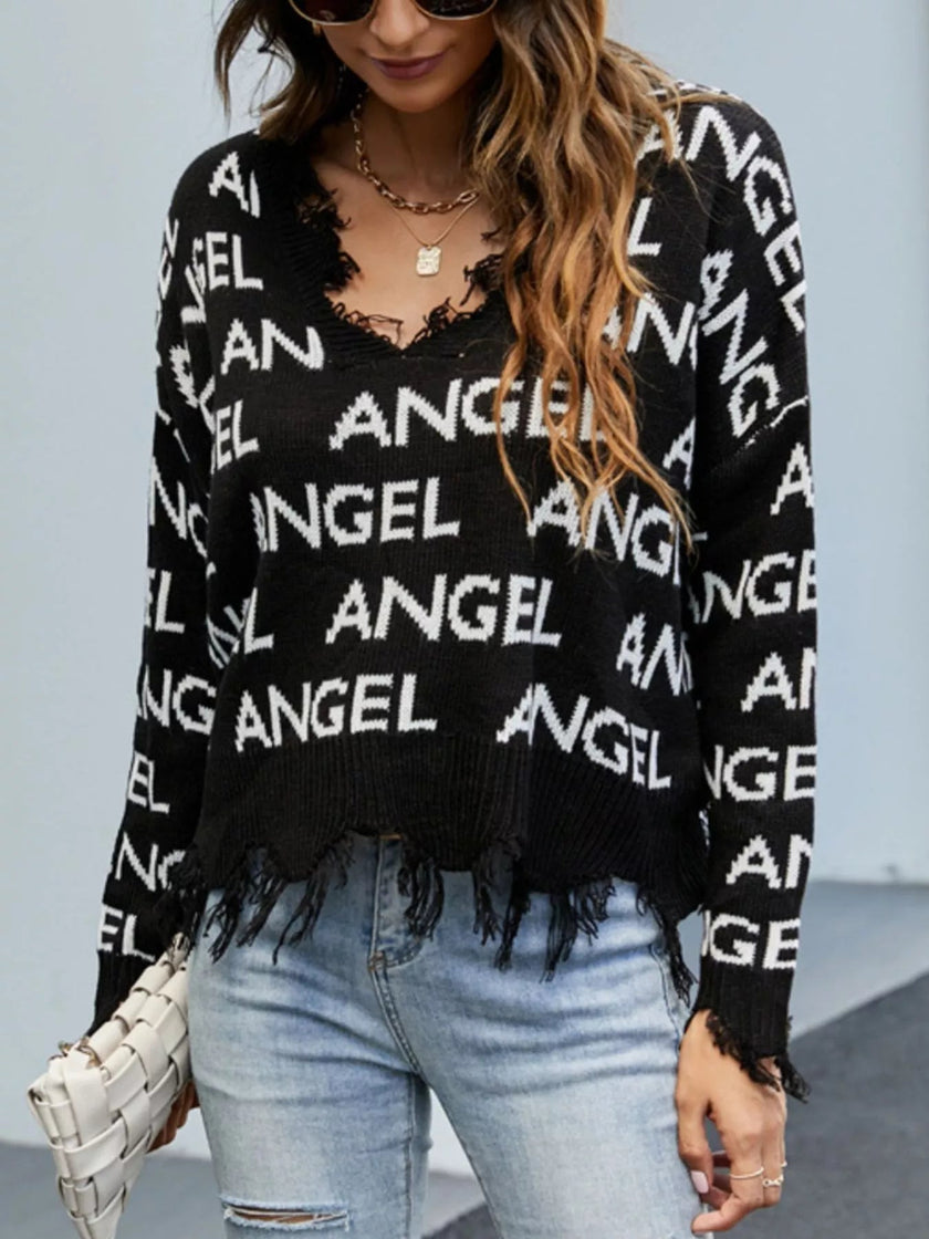 Frayed Hem Long Sleeve Sweater - FLORENTINE IRIS