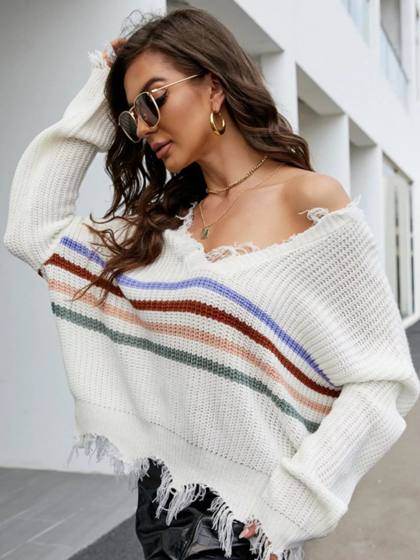 Frayed Hem Long Sleeve Sweater - FLORENTINE IRIS