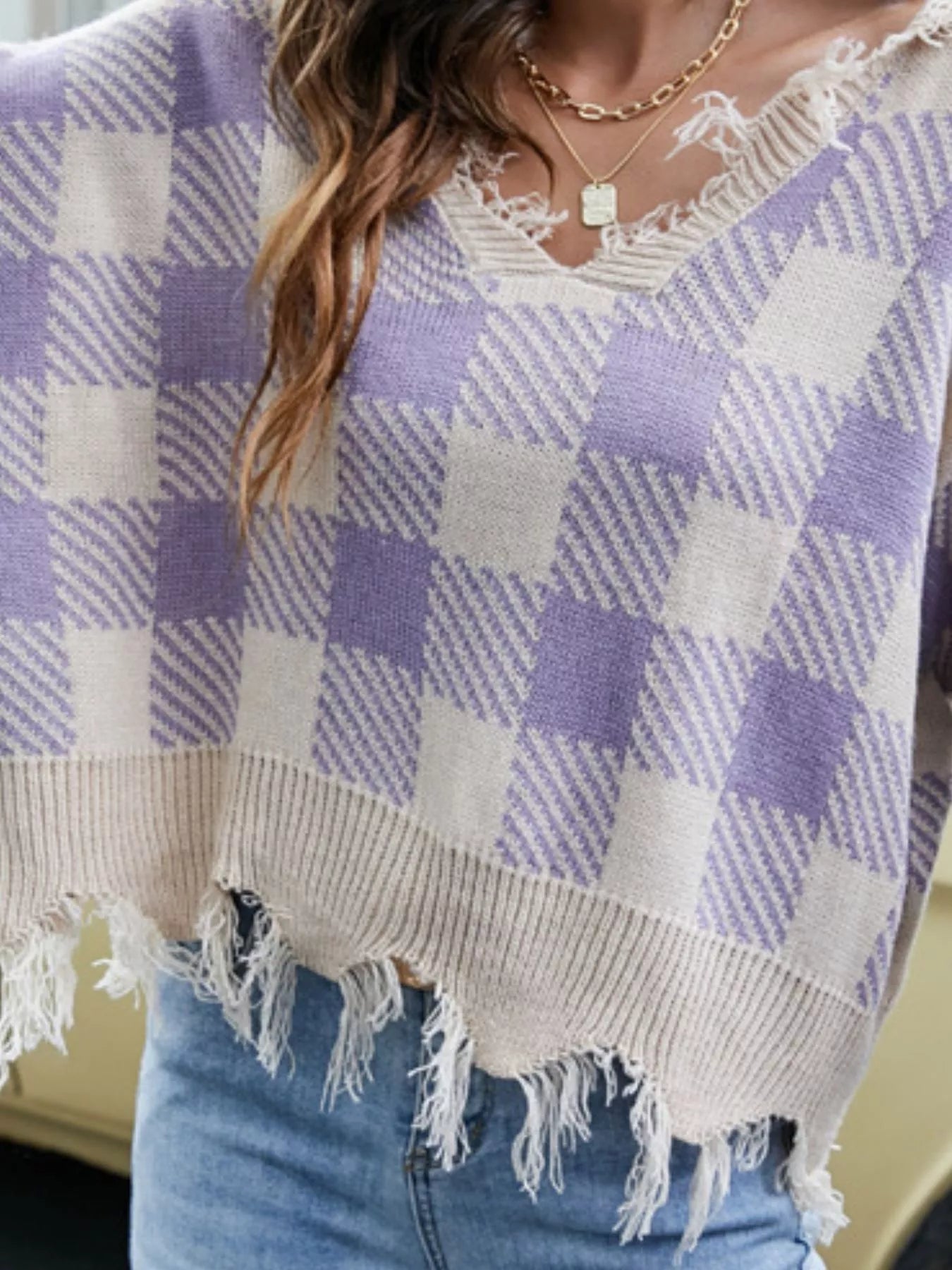 Frayed Hem Long Sleeve Sweater - FLORENTINE IRIS