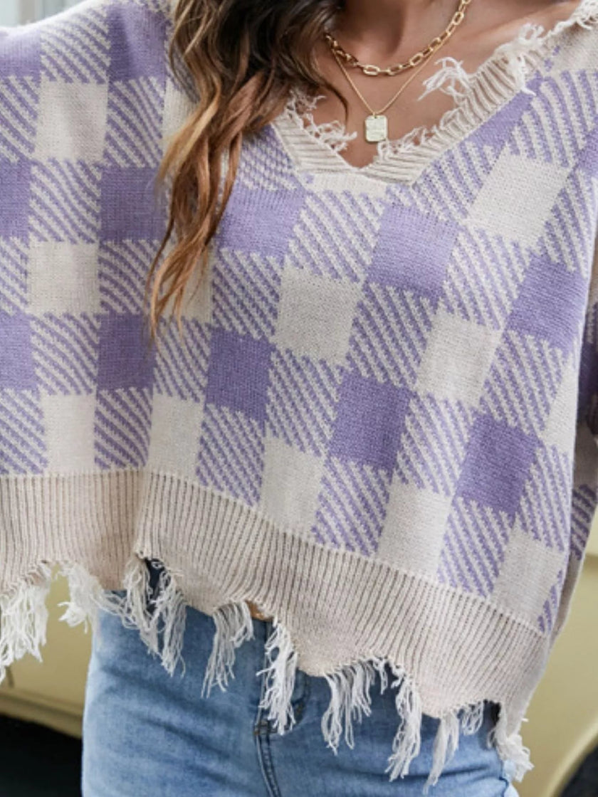 Frayed Hem Long Sleeve Sweater - FLORENTINE IRIS