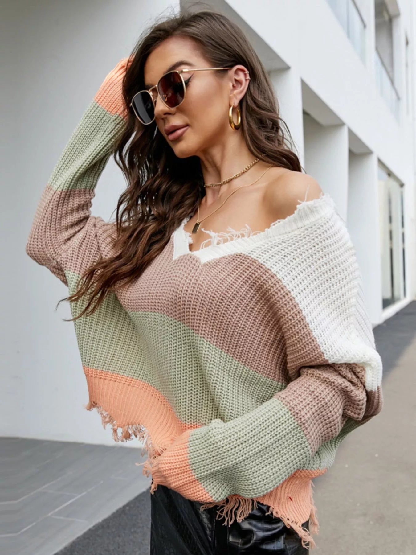 Frayed Hem Long Sleeve Sweater - FLORENTINE IRIS