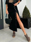 Front Button Slit Midi Denim Skirt - FLORENTINE IRIS
