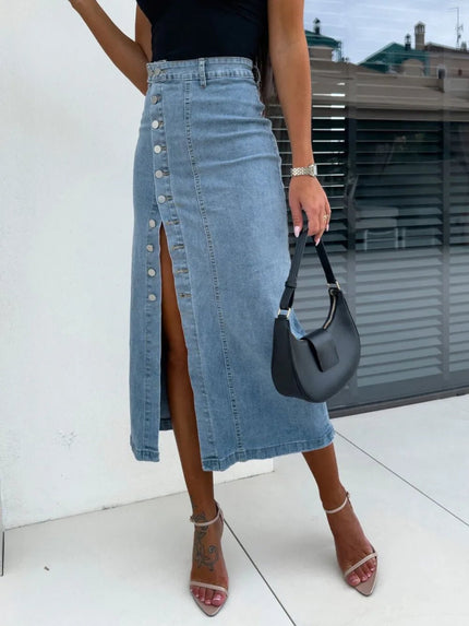 Front Button Slit Midi Denim Skirt - FLORENTINE IRIS