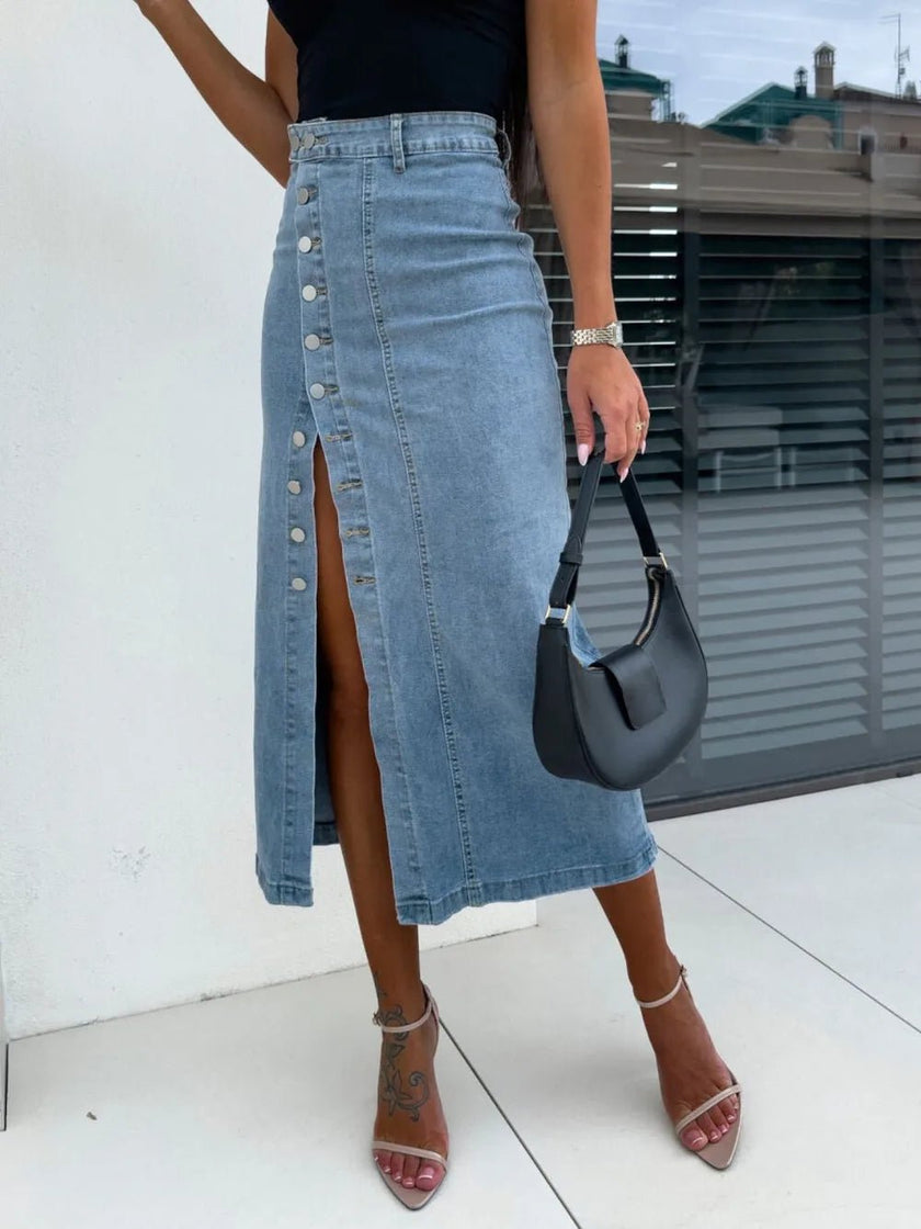 Front Button Slit Midi Denim Skirt - FLORENTINE IRIS