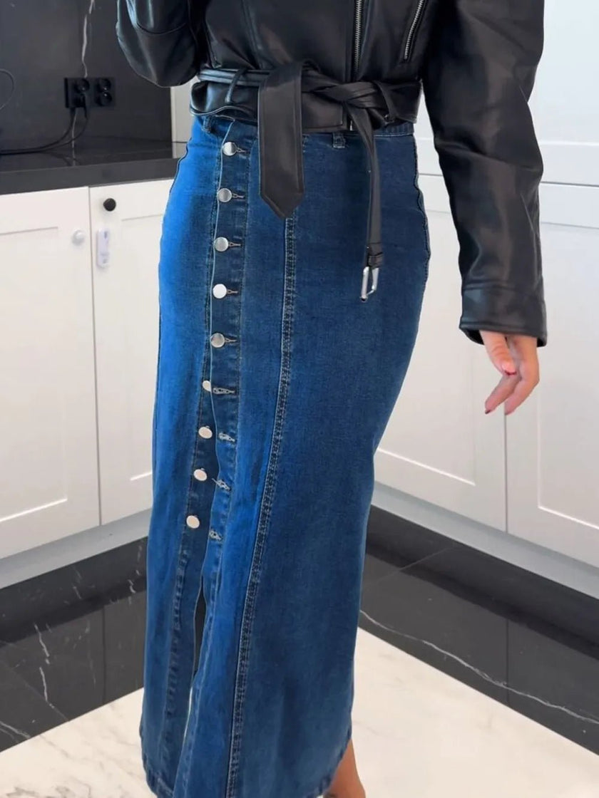 Front Button Slit Midi Denim Skirt - FLORENTINE IRIS