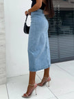 Front Button Slit Midi Denim Skirt - FLORENTINE IRIS