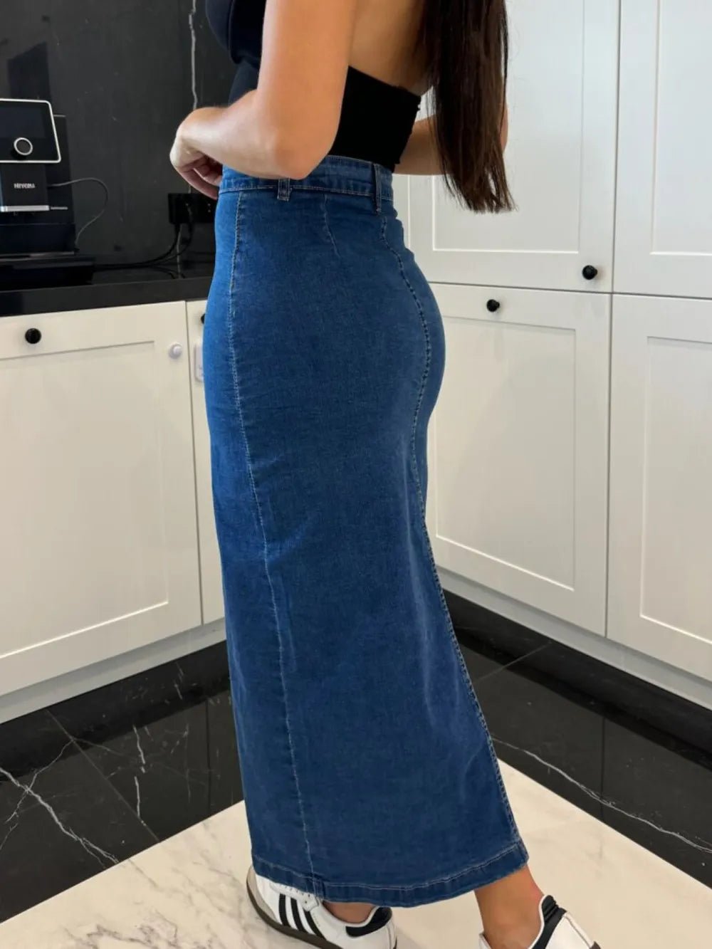 Front Button Slit Midi Denim Skirt - FLORENTINE IRIS