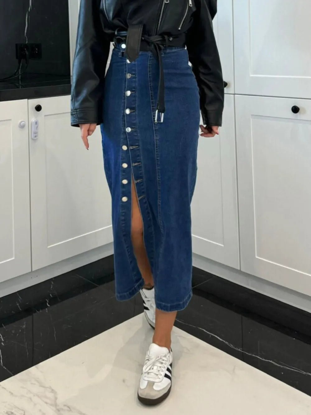 Front Button Slit Midi Denim Skirt - FLORENTINE IRIS