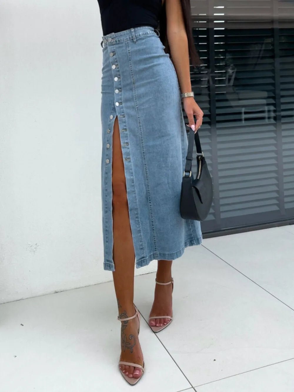 Front Button Slit Midi Denim Skirt - FLORENTINE IRIS