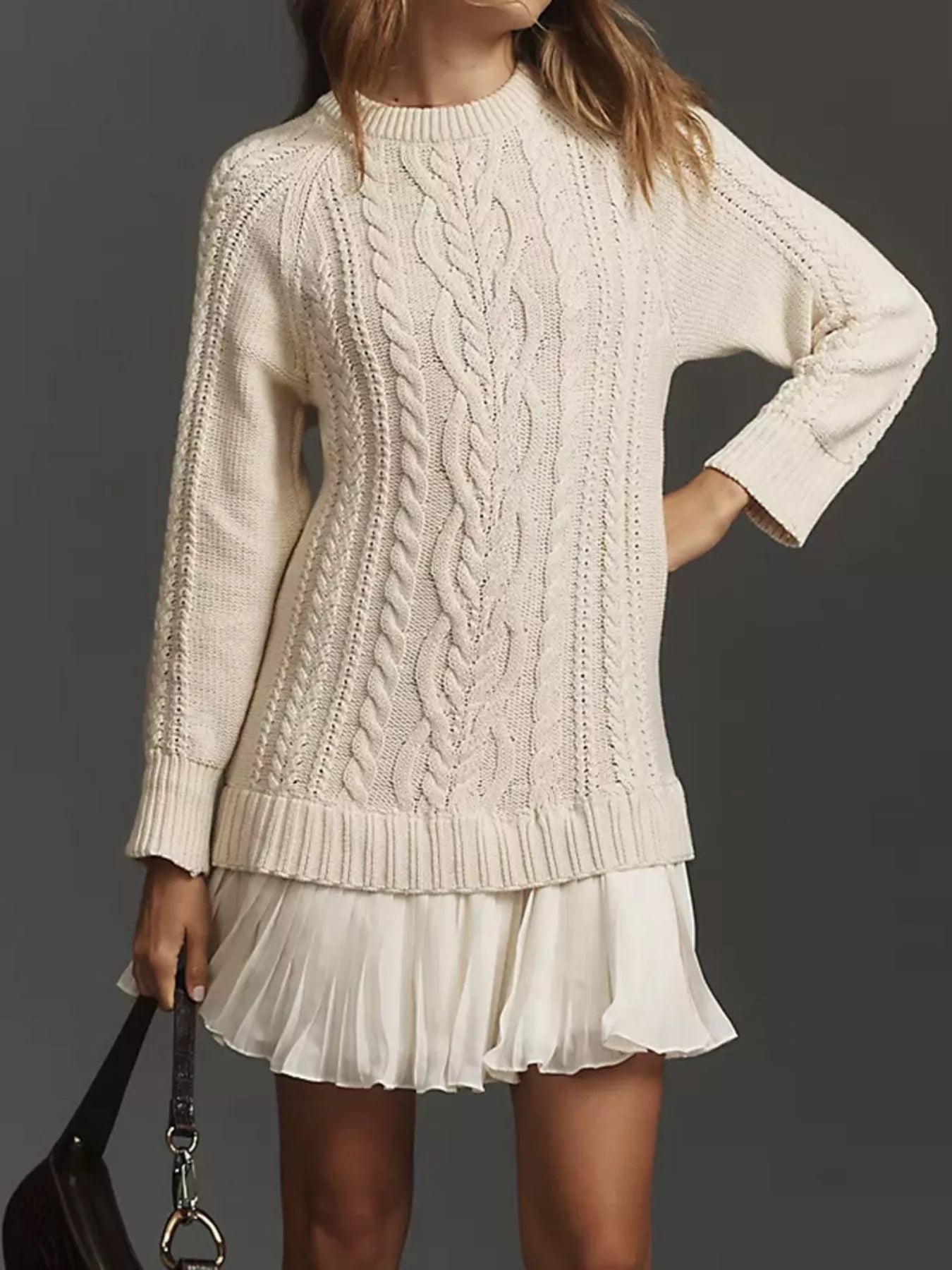 Full Size Cable - Knit Mini Sweater Dress Plus Size - FLORENTINE IRIS