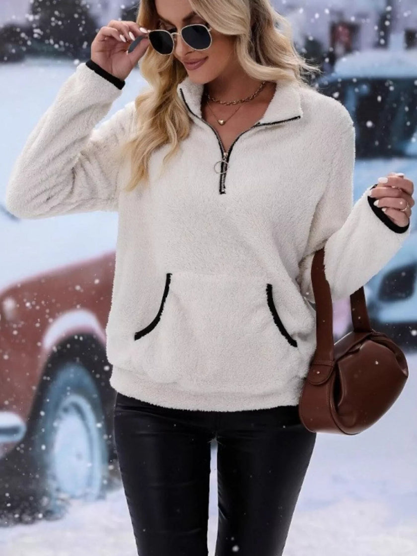 Full Size Cozy Fleece Quarter Zip Long Sleeve Sweatshirt Plus Size - FLORENTINE IRIS