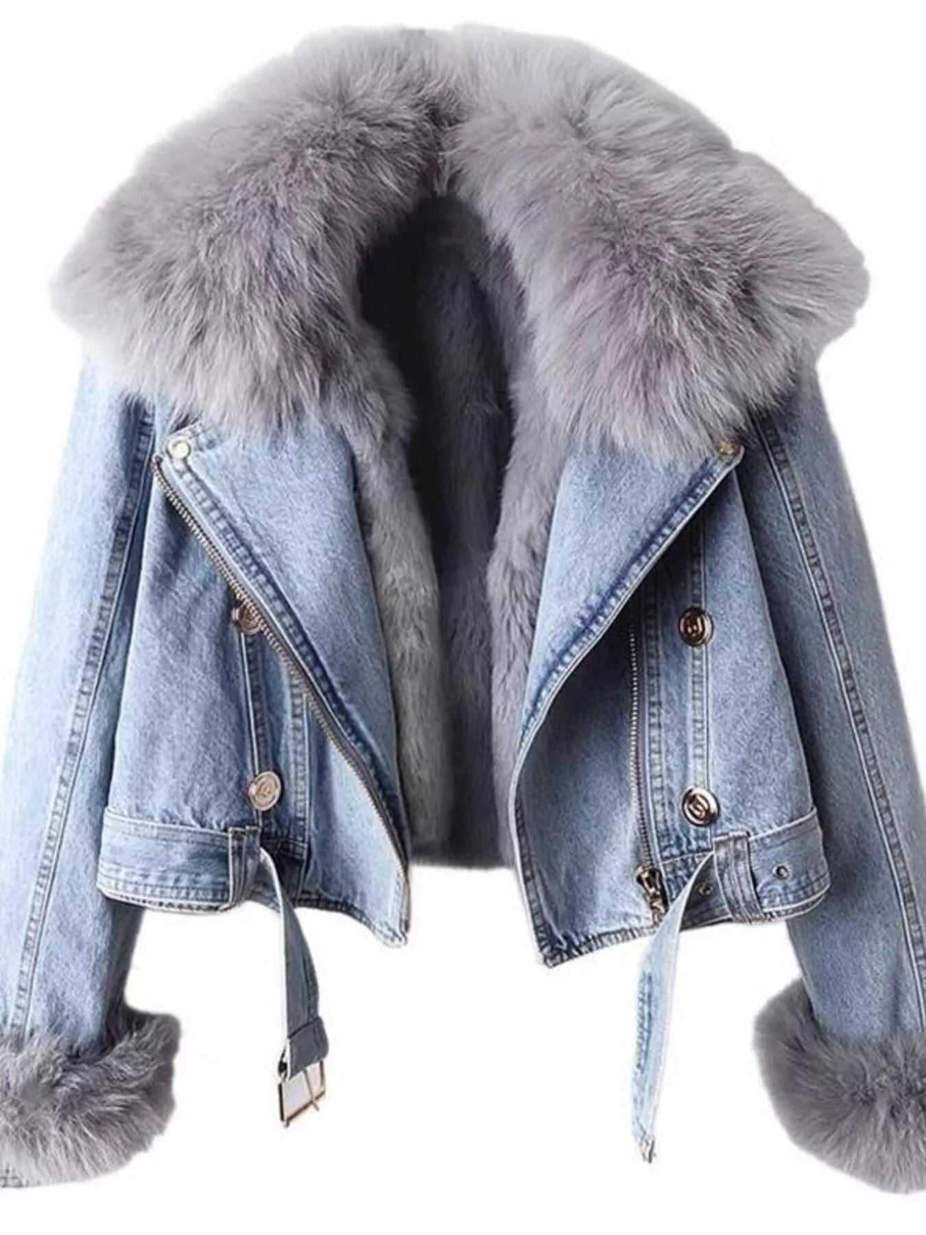 Full Size Faux Fur Collar Denim Jacket Plus Size - FLORENTINE IRIS