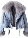 Full Size Faux Fur Collar Denim Jacket Plus Size - FLORENTINE IRIS