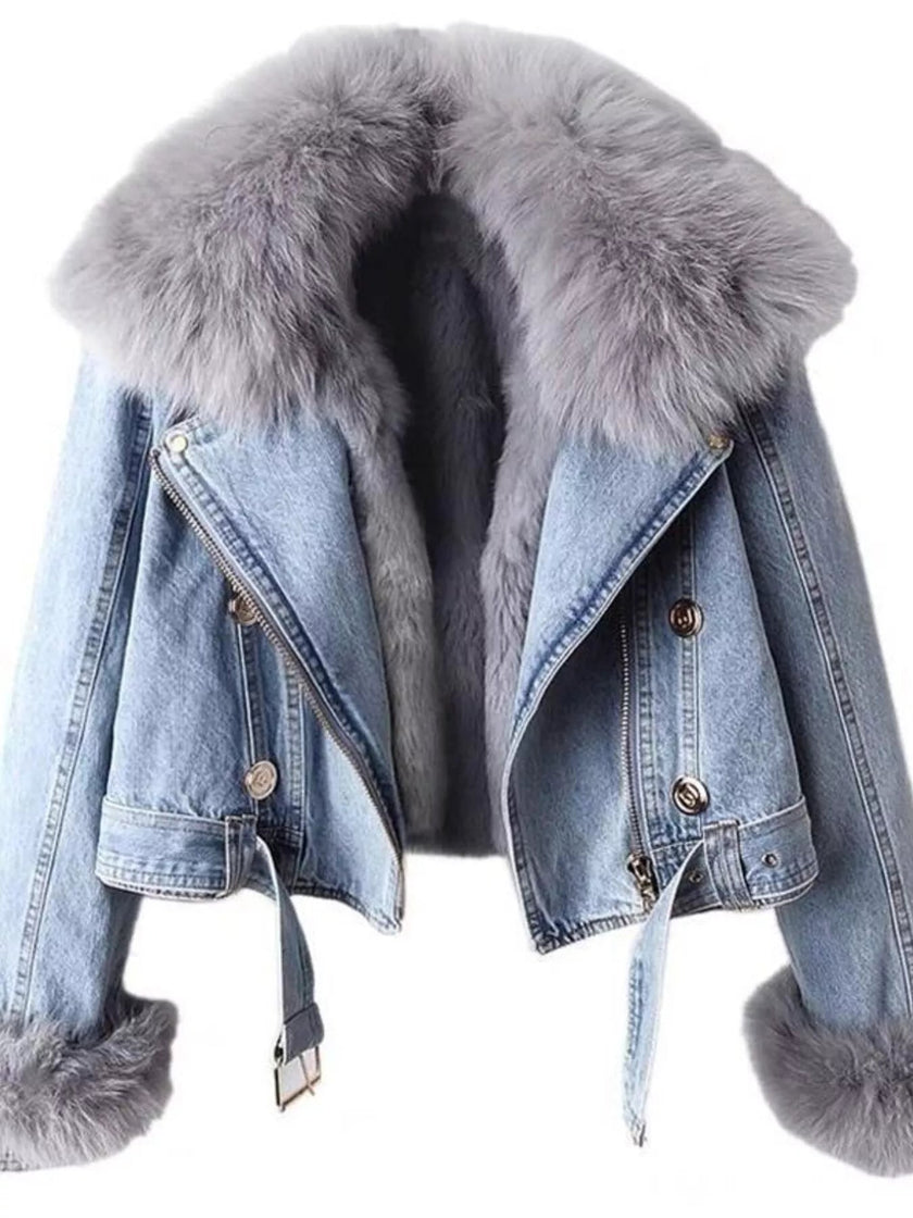 Full Size Faux Fur Collar Denim Jacket Plus Size - FLORENTINE IRIS