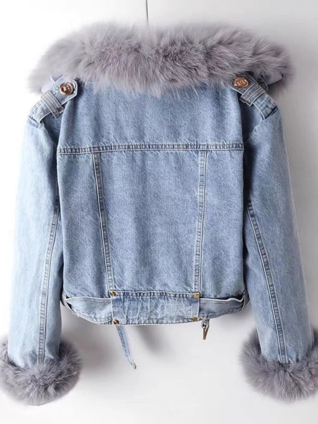 Full Size Faux Fur Collar Denim Jacket Plus Size - FLORENTINE IRIS
