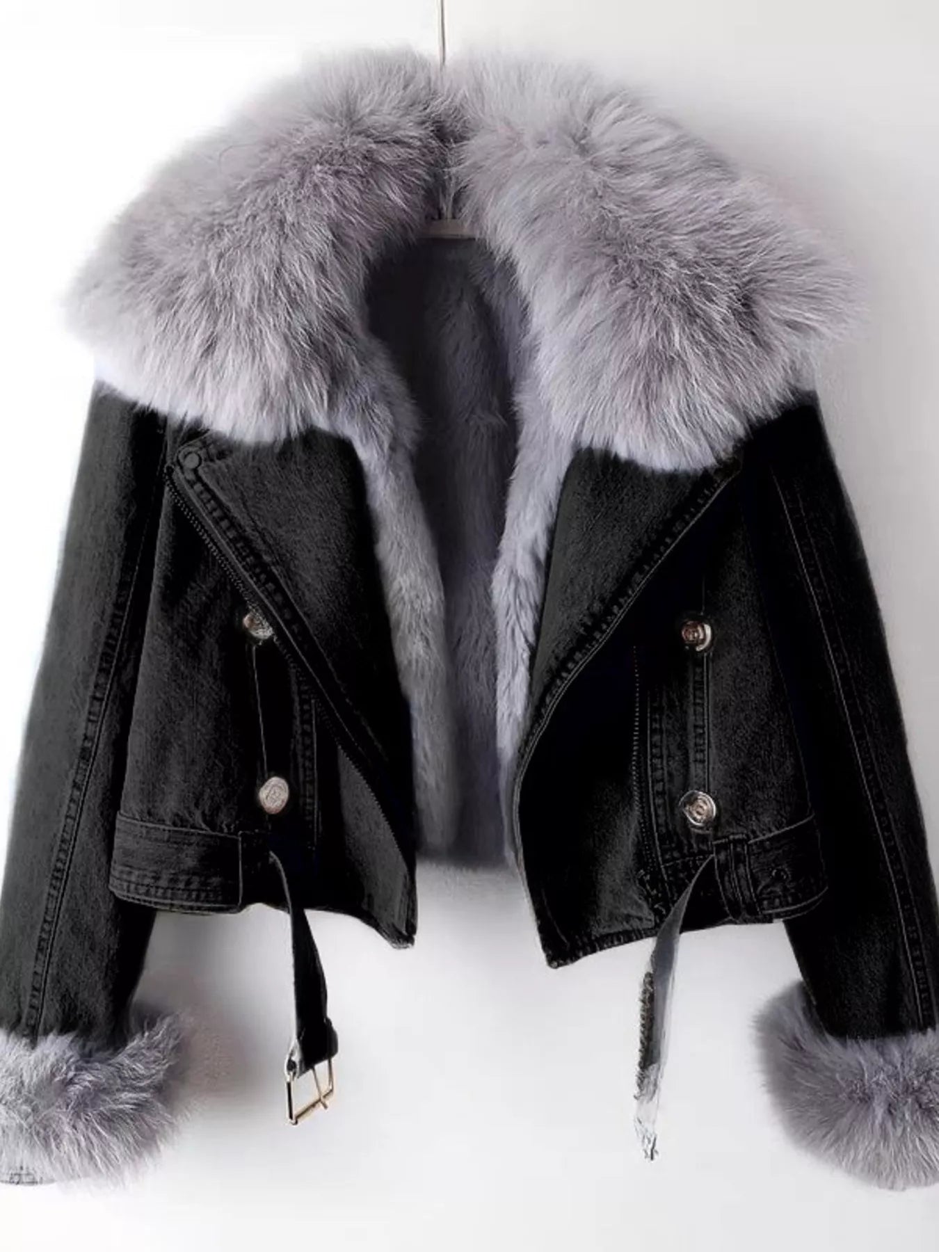 Full Size Faux Fur Collar Denim Jacket Plus Size - FLORENTINE IRIS