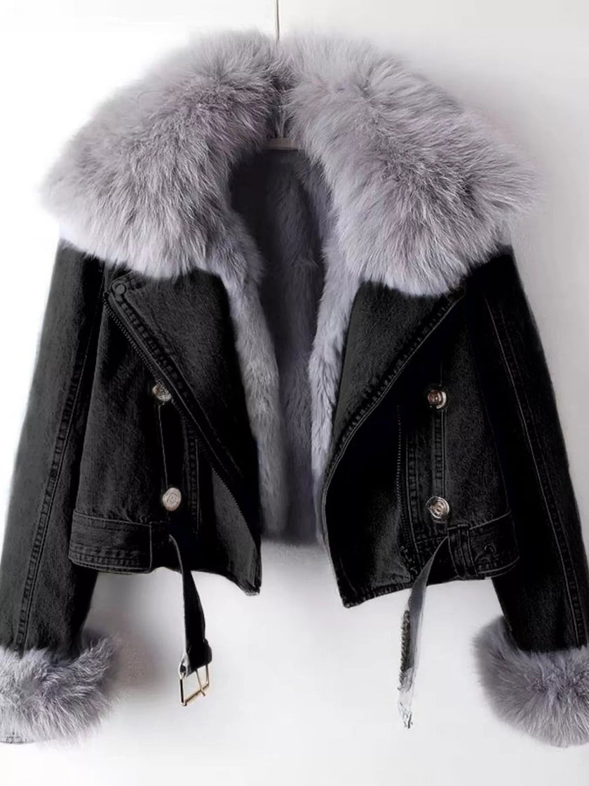 Full Size Faux Fur Collar Denim Jacket Plus Size - FLORENTINE IRIS