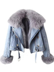 Full Size Faux Fur Collar Denim Jacket Plus Size - FLORENTINE IRIS