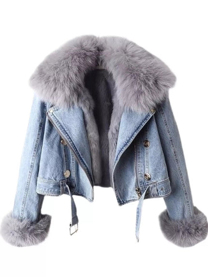 Full Size Faux Fur Collar Denim Jacket Plus Size - FLORENTINE IRIS