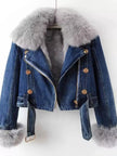 Full Size Faux Fur Collar Denim Jacket Plus Size - FLORENTINE IRIS