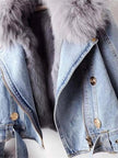 Full Size Faux Fur Collar Denim Jacket Plus Size - FLORENTINE IRIS