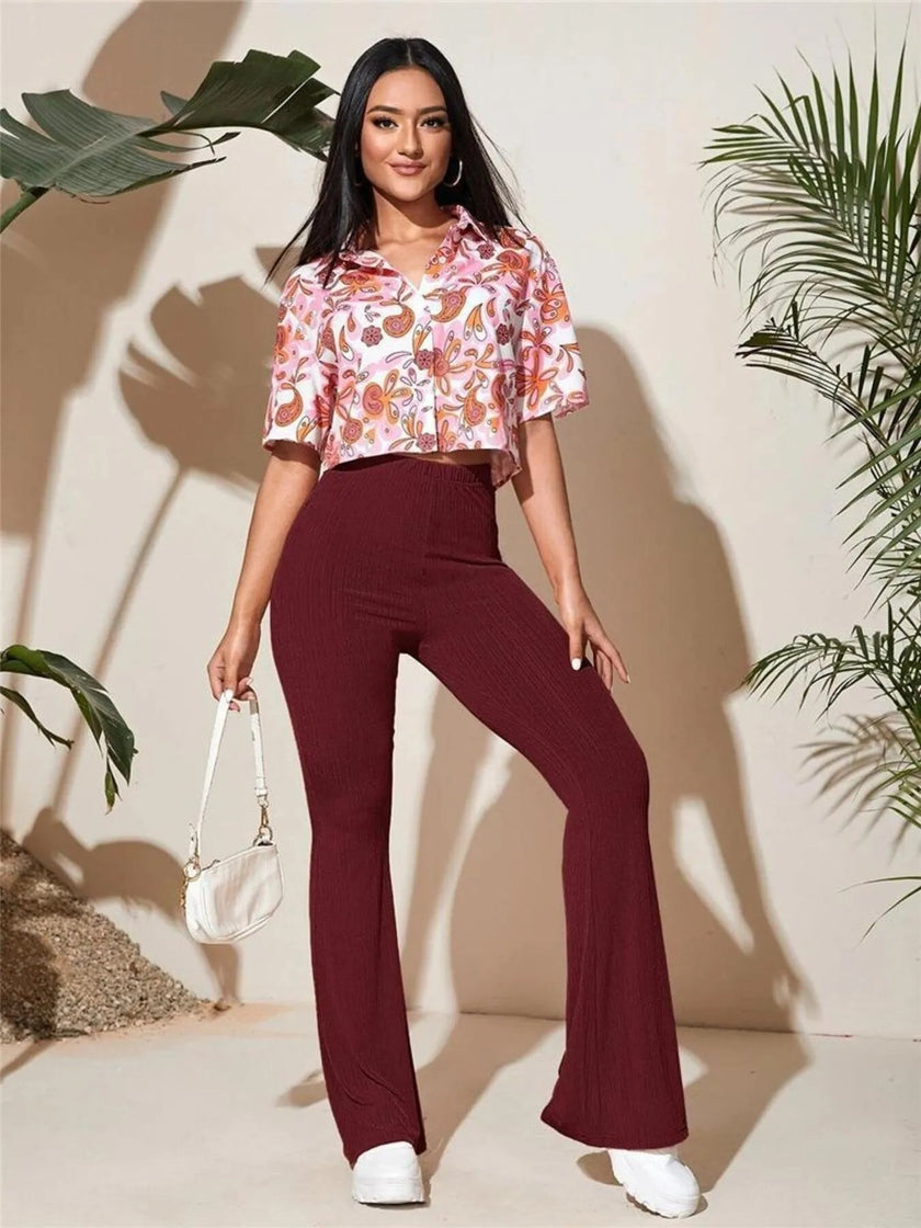 Full Size High - Waist Flare Active Pants Plus Size - FLORENTINE IRIS