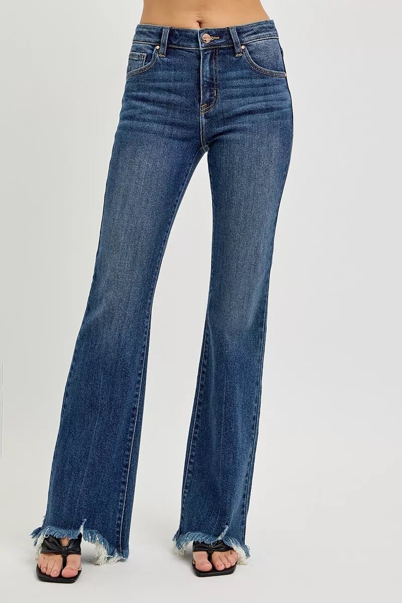 Full Size Mid Rise Flare Frayed Hem Jeans Plus Size - FLORENTINE IRIS