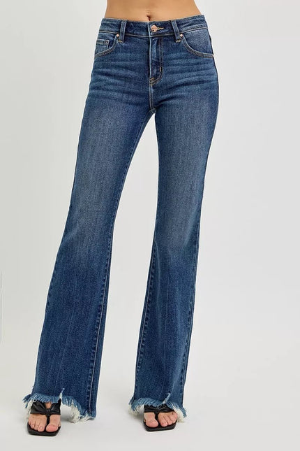 Full Size Mid Rise Flare Frayed Hem Jeans Plus Size - FLORENTINE IRIS