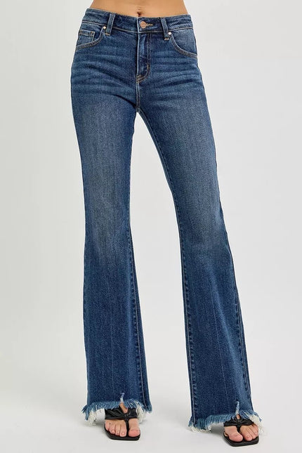 Full Size Mid Rise Flare Frayed Hem Jeans Plus Size - FLORENTINE IRIS