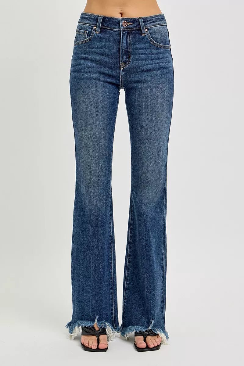 Full Size Mid Rise Flare Frayed Hem Jeans Plus Size - FLORENTINE IRIS