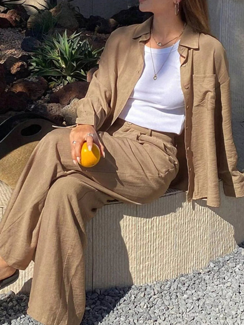 Full Size Relaxed Fit Button Up Shirt and Pants Two - Piece Set Plus Size - FLORENTINE IRIS