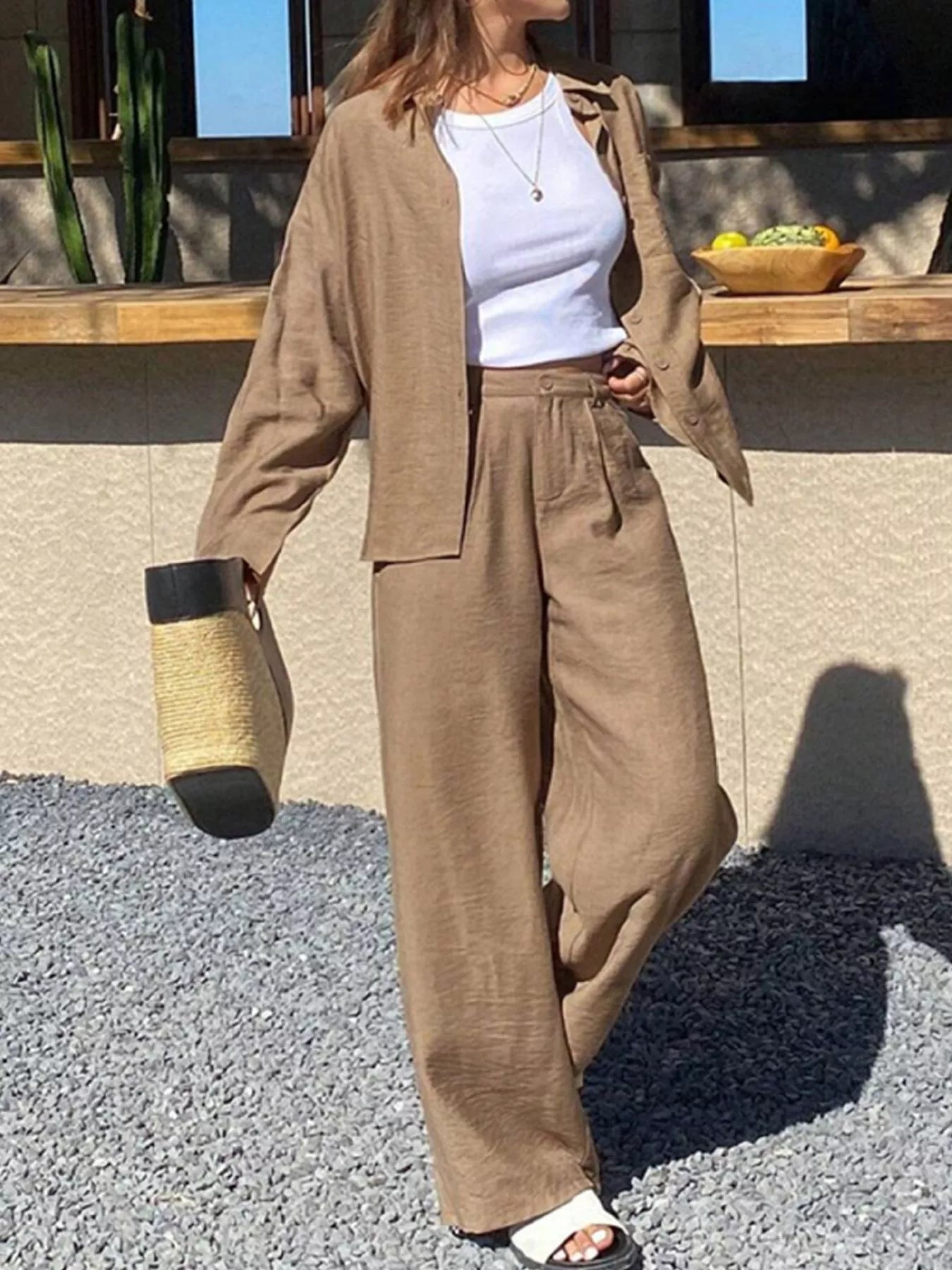 Full Size Relaxed Fit Button Up Shirt and Pants Two - Piece Set Plus Size - FLORENTINE IRIS