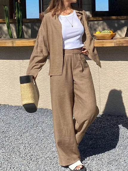 Full Size Relaxed Fit Button Up Shirt and Pants Two - Piece Set Plus Size - FLORENTINE IRIS