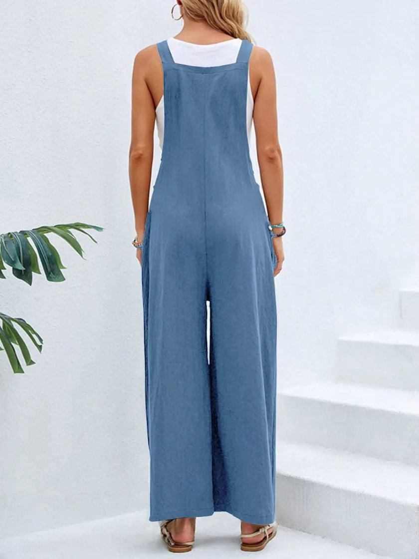 Full Size Square Neck Wide Strap Overalls - FLORENTINE IRIS
