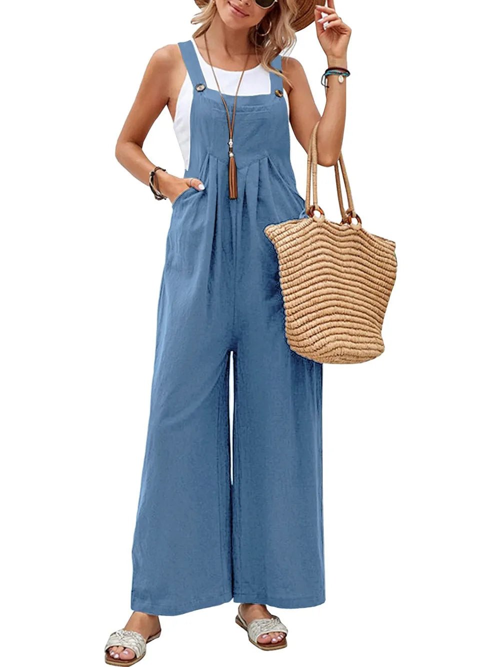 Full Size Square Neck Wide Strap Overalls - FLORENTINE IRIS