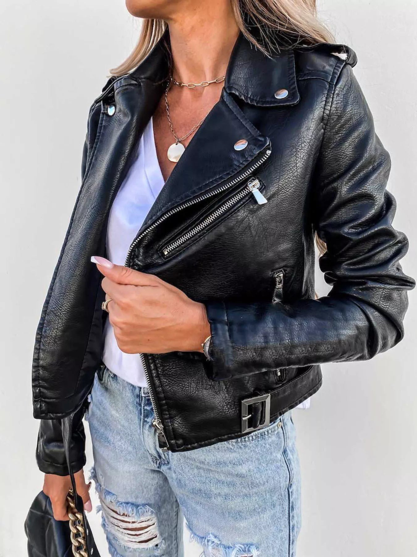 Full Size Zip Up Leather Motorcycle Biker Jacket Plus Size - FLORENTINE IRIS