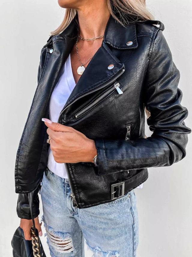 Full Size Zip Up Leather Motorcycle Biker Jacket Plus Size - FLORENTINE IRIS