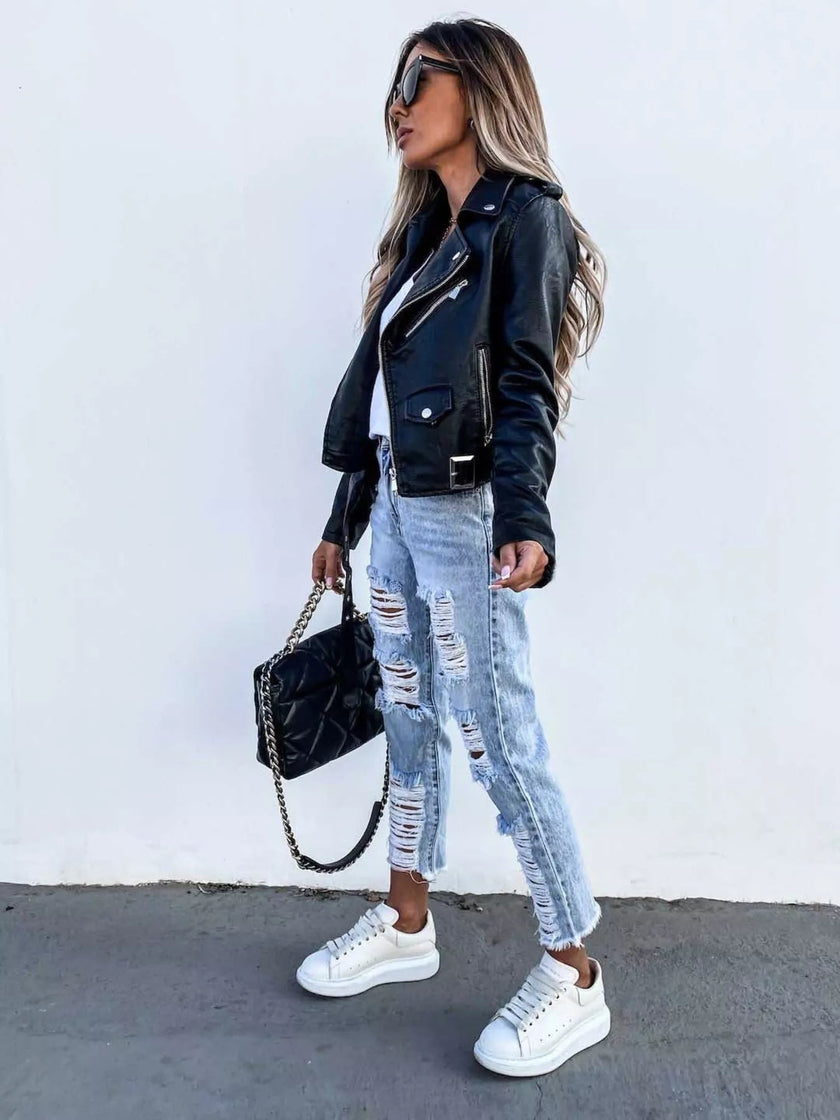 Full Size Zip Up Leather Motorcycle Biker Jacket Plus Size - FLORENTINE IRIS