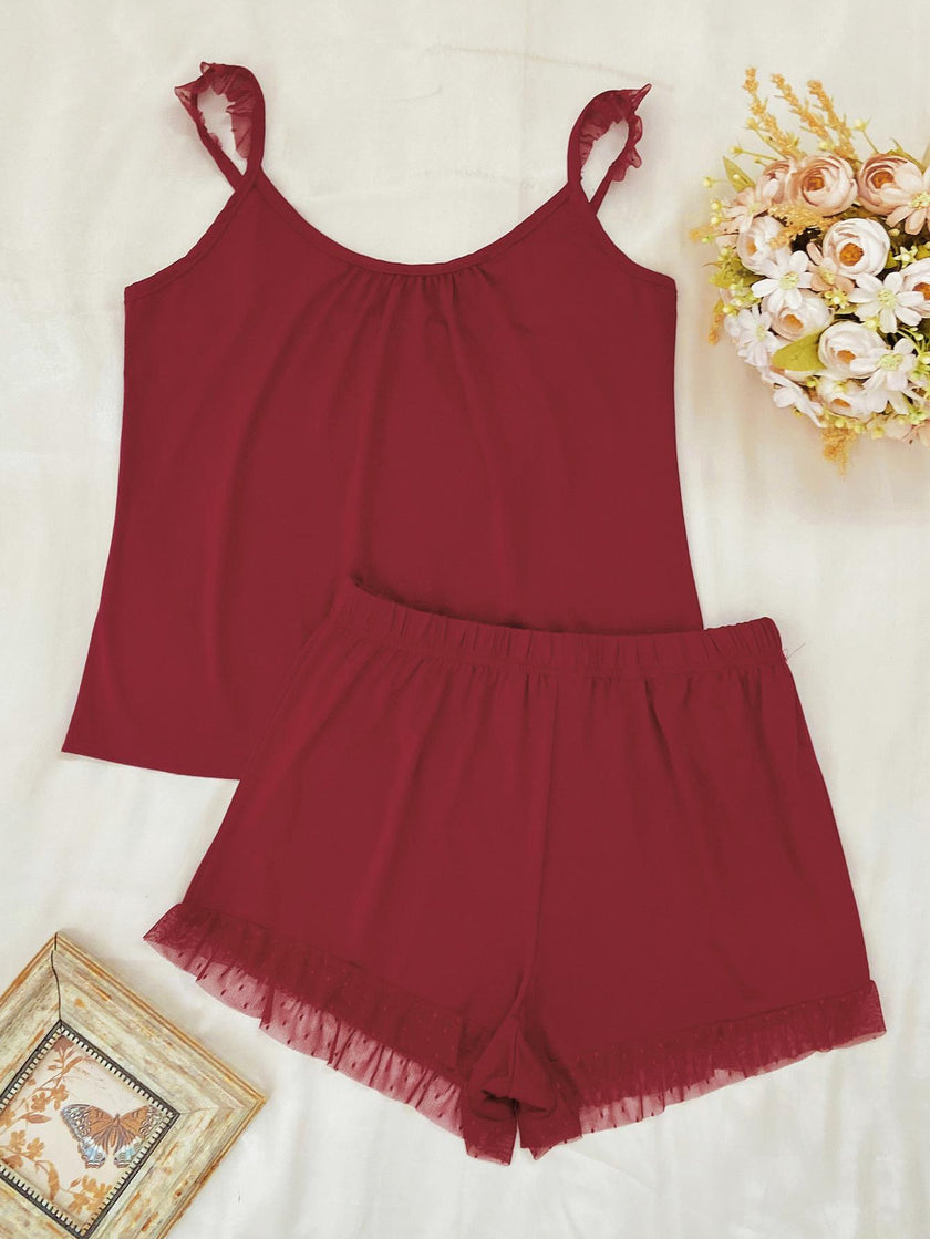 Gathered Detail Spliced Mesh Sleeveless Top and Shorts Lounge Set - FLORENTINE IRIS