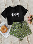 Graphic Tee and Panda Print Shorts Lounge Set - FLORENTINE IRIS