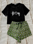 Graphic Tee and Panda Print Shorts Lounge Set - FLORENTINE IRIS