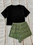 Graphic Tee and Panda Print Shorts Lounge Set - FLORENTINE IRIS