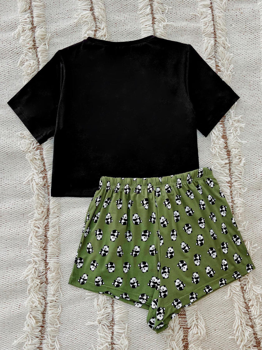 Graphic Tee and Panda Print Shorts Lounge Set - FLORENTINE IRIS
