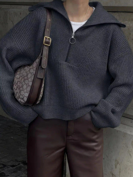 Half Zip Dropped Shoulder Sweater - FLORENTINE IRIS