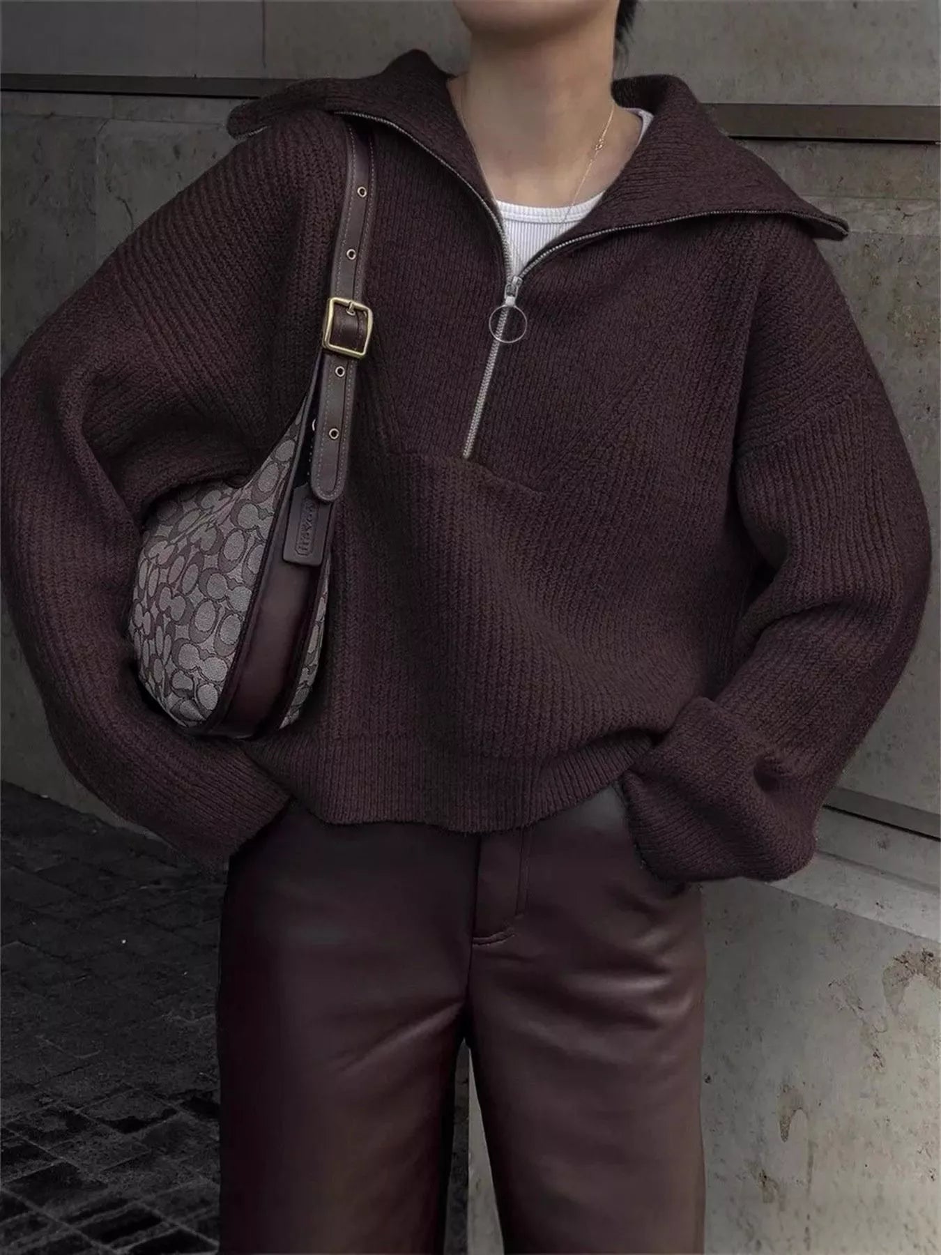 Half Zip Dropped Shoulder Sweater - FLORENTINE IRIS